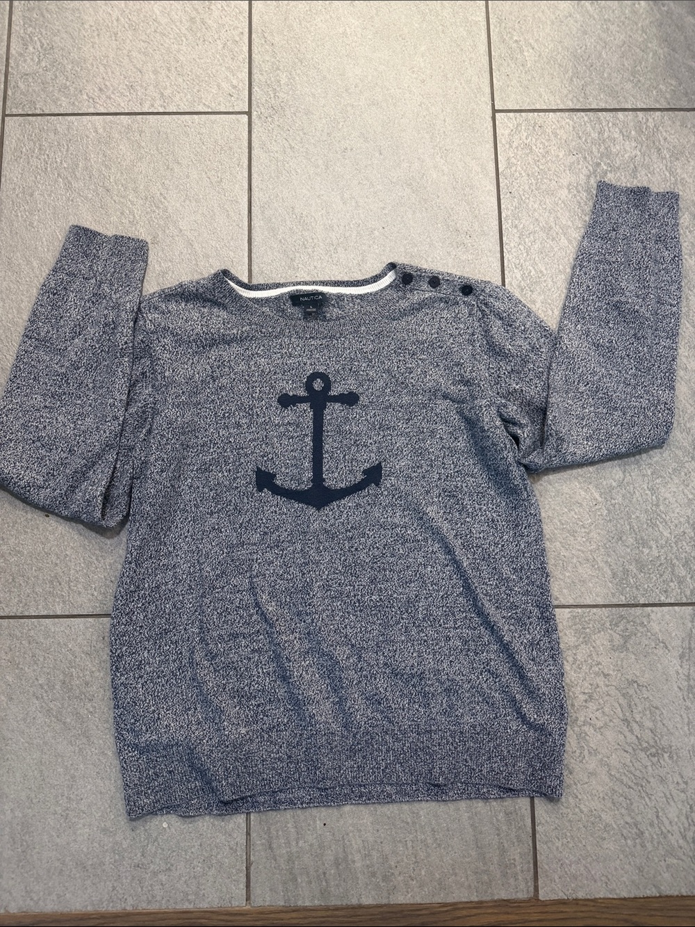 Nautica Navy and White Off-the-Shoulder Anchor Sweater